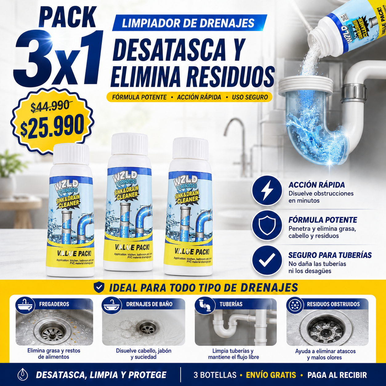 PACK 3X1 LIMPIADOR DE DRENAJES