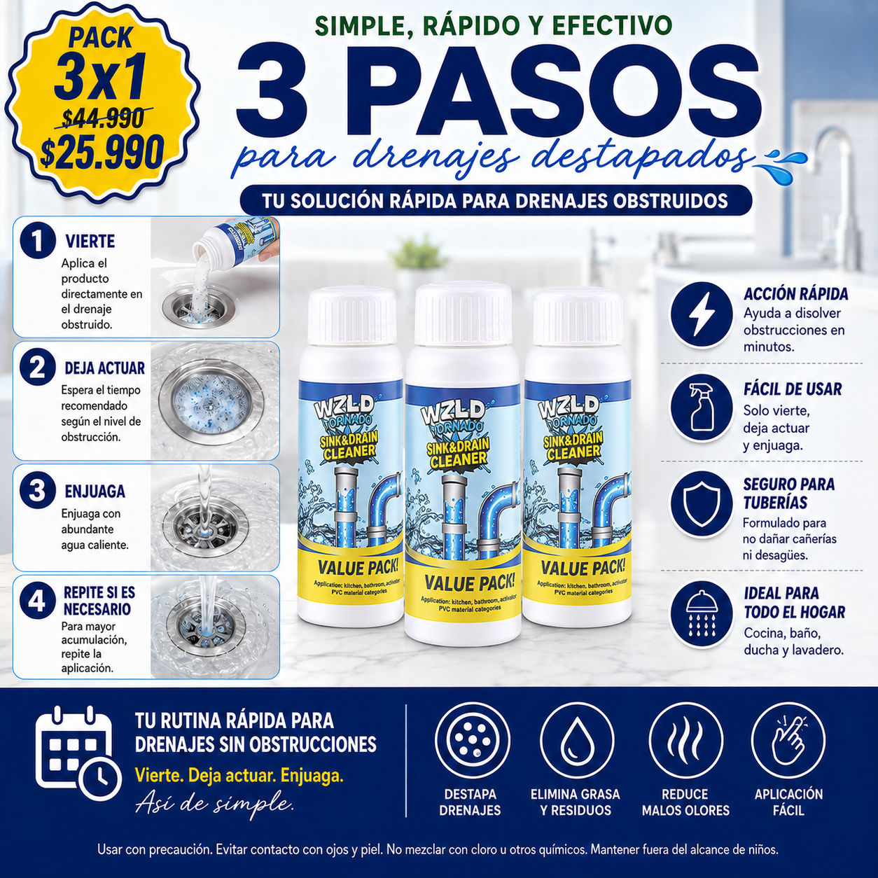 PACK 3X1 LIMPIADOR DE DRENAJES