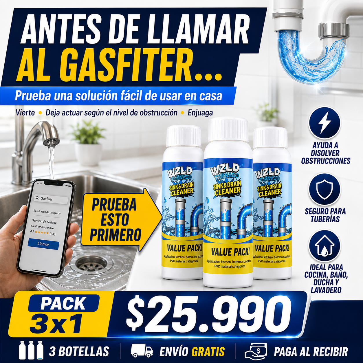 PACK 3X1 LIMPIADOR DE DRENAJES