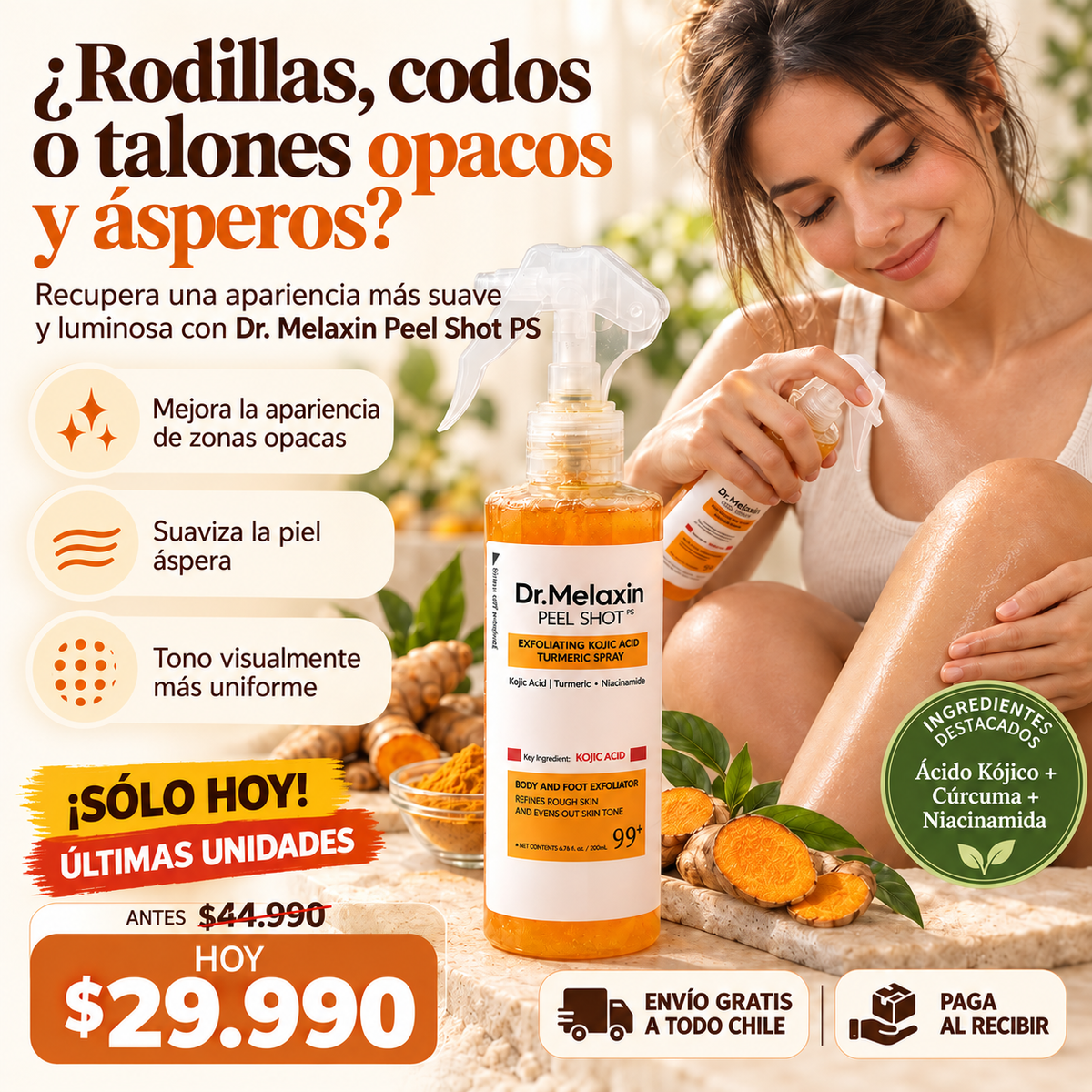 Melaxin Glow™ – Spray Exfoliante Corporal Piel Suave y Pareja