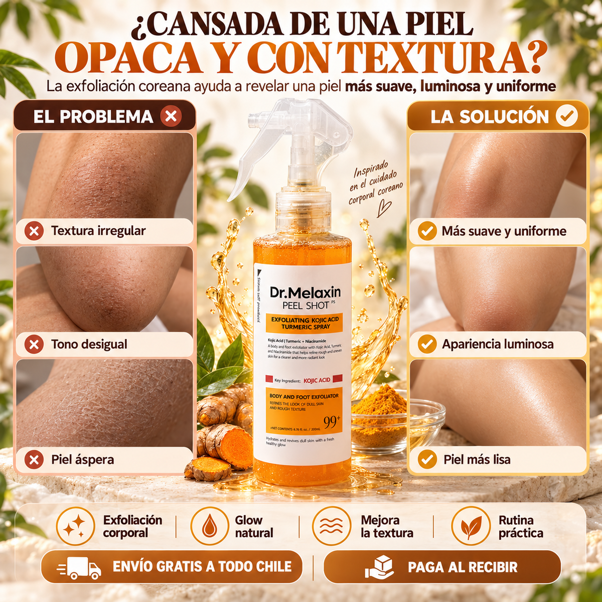 Melaxin Glow™ – Spray Exfoliante Corporal Piel Suave y Pareja