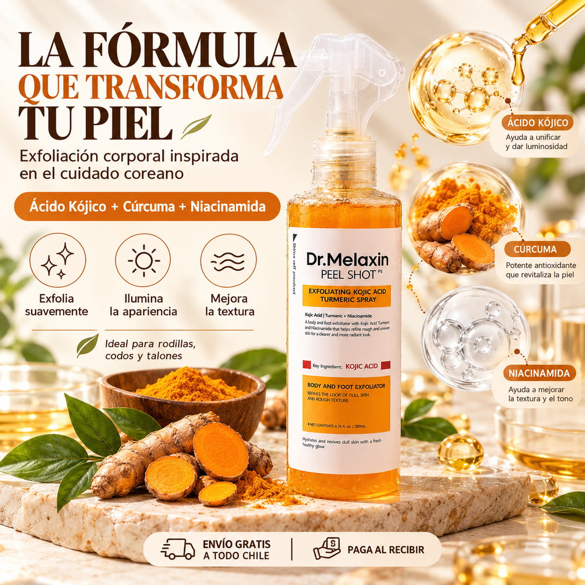Melaxin Glow™ – Spray Exfoliante Corporal Piel Suave y Pareja